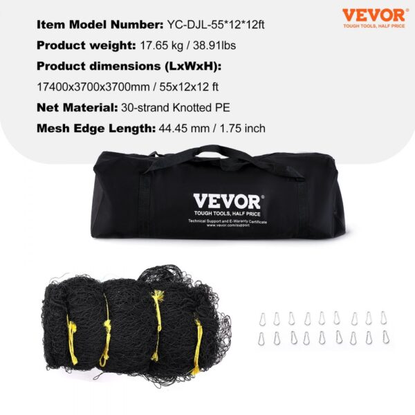 VEVOR baseball batting net, 55x12x12 ft, with carrying bag, black mesh, clips.