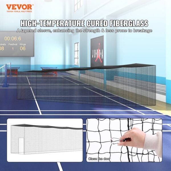 VEVOR baseball batting net in an indoor gym with high-temperature cured fiberglass frame.