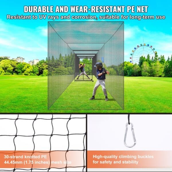 VEVOR baseball batting net with durable pe material, 44.45mm mesh size, and secure climbing buckles.