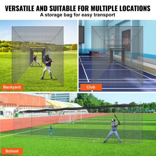 VEVOR baseball batting net in backyard, club, and school settings showcasing versatility and transportability.