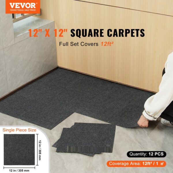 VEVOR carpet tiles being installed, 12"x12" grey pieces, covering 12ft², shown in a modern interior space.