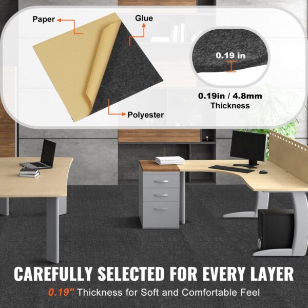 VEVOR carpet tiles with 0.19in polyester, paper, and glue layers, ideal for comfortable office flooring.