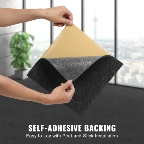 VEVOR carpet tiles with self-adhesive backing, easy to install with peel-and-stick application.