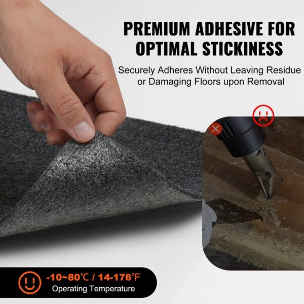 hand peeling VEVOR carpet tiles with adhesive layer, highlighting optimal stickiness without residue.