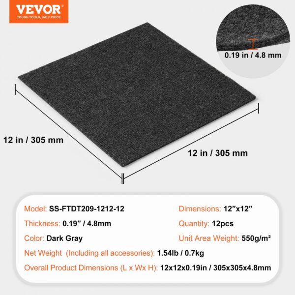 dark gray VEVOR carpet tiles, 12"x12", 4.8mm thick, pack of 12, with product dimensions and weight.