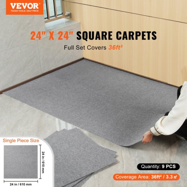 VEVOR carpet tiles, 24" x 24" square, gray, full set covering 36ft², laid in modern room, quantity 9.