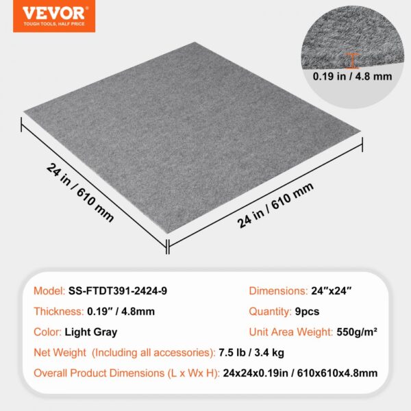 VEVOR carpet tiles, light gray, 24"x24", 0.19" thickness, 9pcs, 550g/m² weight.