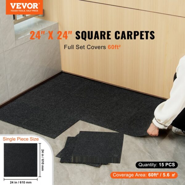 black VEVOR carpet tiles, 24"x24", being installed on a marble floor, covering 60ft², 15 pieces.