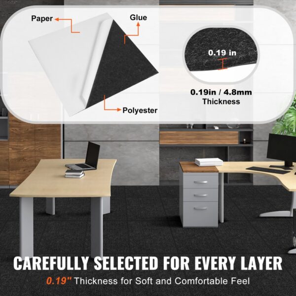 VEVOR carpet tiles, 0.19-inch thickness for soft and comfortable feel, in a modern office setting.