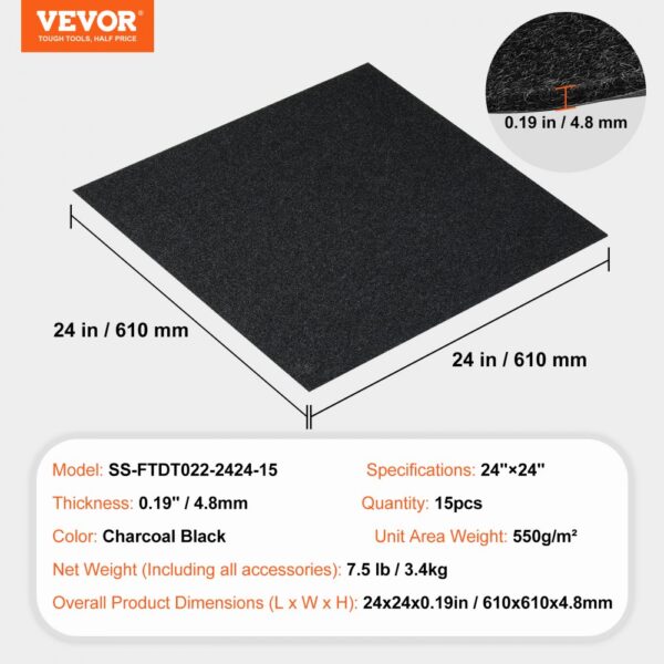 VEVOR carpet tiles, charcoal black, 24"x24", 0.19" thick, quantity 15pcs, 550g/m², robust flooring solution.