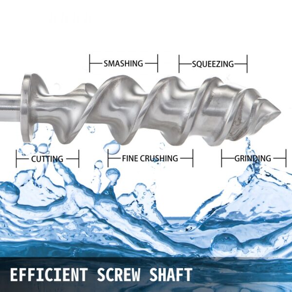 VEVOR wheatgrass juicer screw shaft showing cutting, crushing, squeezing functions.