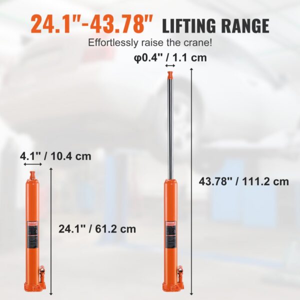 VEVOR hydraulic long ram jack, lifting range 24.1"-43.78", orange barrel.