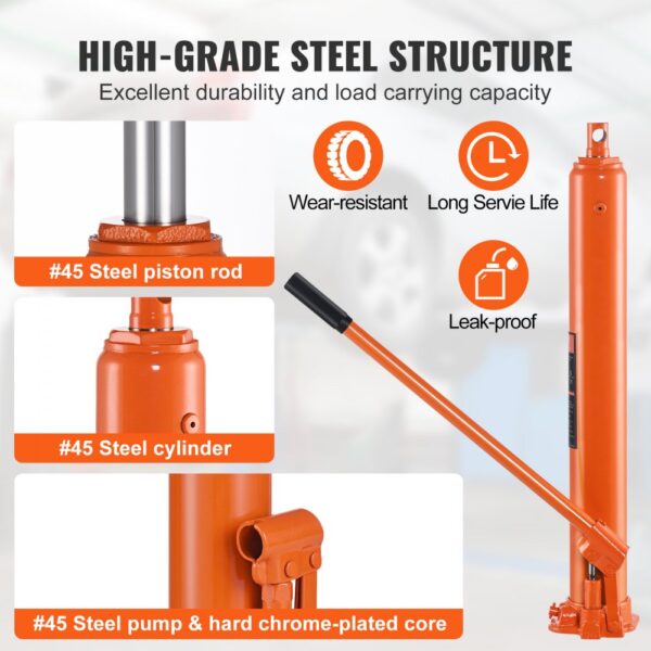 VEVOR hydraulic long ram jack with #45 steel piston rod, cylinder, and pump. high-grade, wear-resistant, leak-proof.