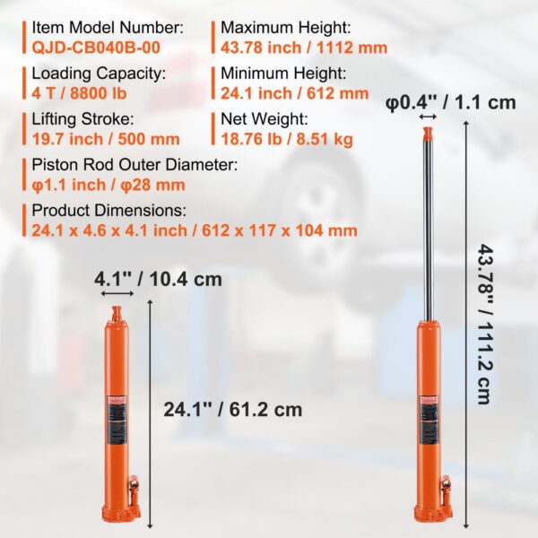 VEVOR hydraulic long ram jack, 4-ton capacity, dimensions, lifting stroke, and weight detailed.