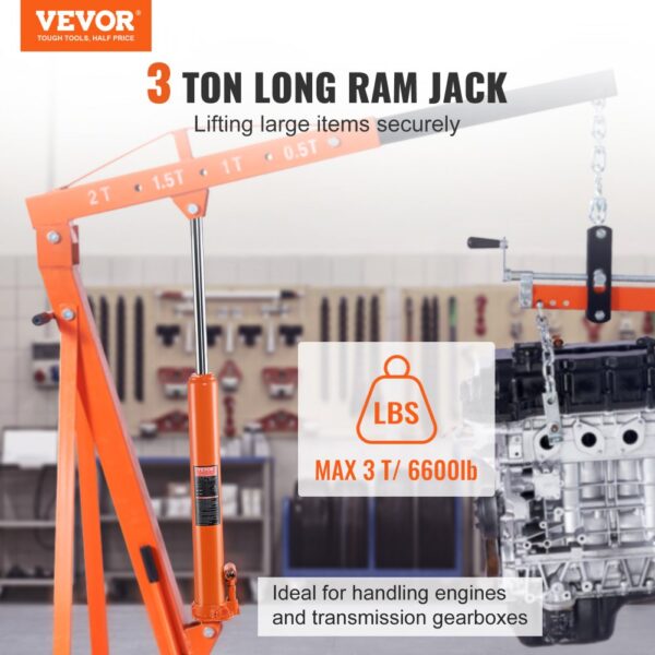 VEVOR hydraulic jack 3 ton long ram lifting engine in a workshop. max weight capacity 6600 lbs.
