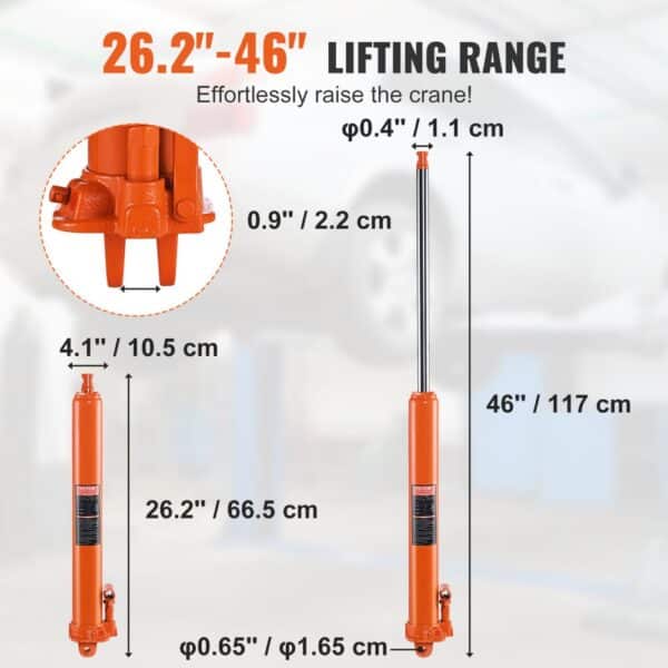 VEVOR hydraulic jack with 26.2"-46" lifting range, detailed dimensions, and orange color.