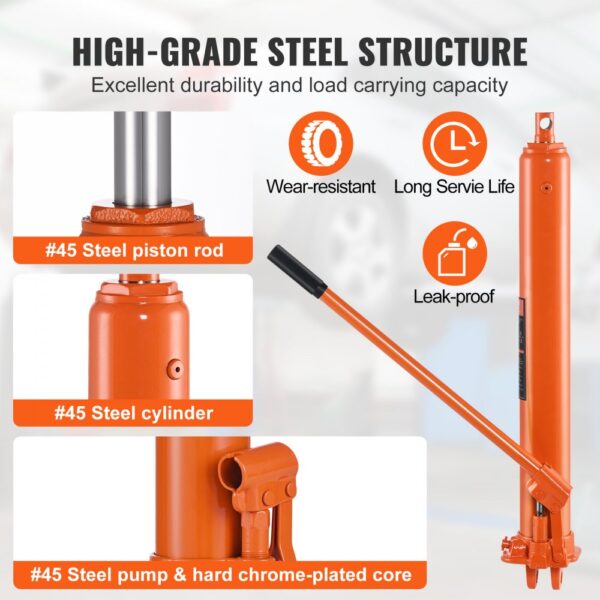 orange VEVOR hydraulic jack featuring #45 steel piston rod, cylinder, and pump, with leak-proof and wear-resistant qualities.