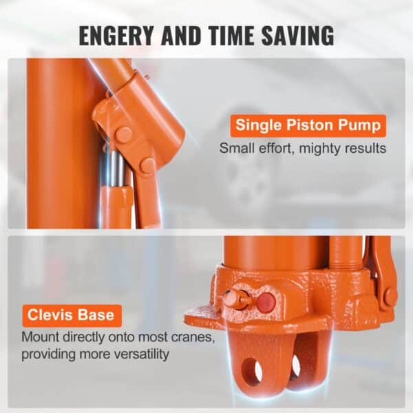close-up of VEVOR hydraulic jack with single piston pump and clevis base for versatile crane mounting.