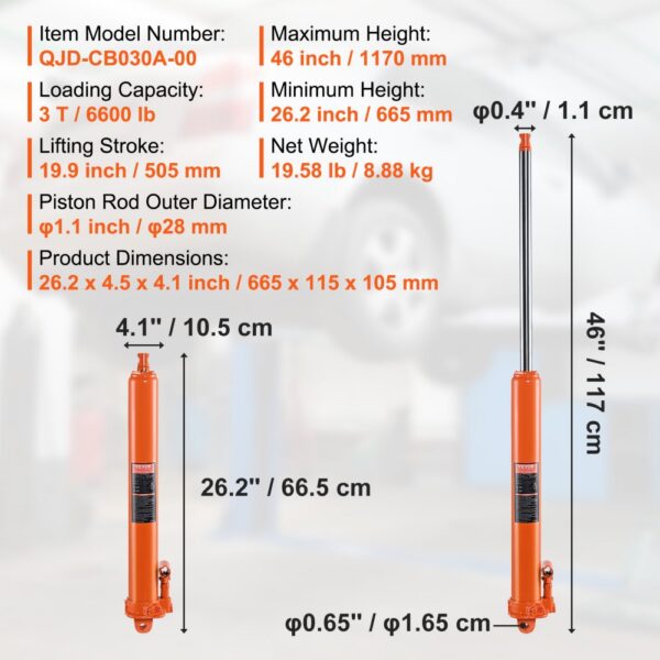VEVOR hydraulic jack specifications: 3t capacity, max height 46", min height 26.2", net weight 19.58 lb.