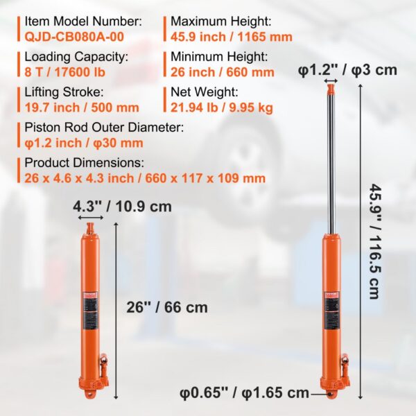 VEVOR Hydraulic Long Ram Jack, 8 Ton Engine Hoist Cylinder with Single Piston Pump And Clevis Base, Hydraulic Ram Cylinder for Engine Lift Hoists, Hydraulic Garage/Shop Cranes, Mechanical, Farm