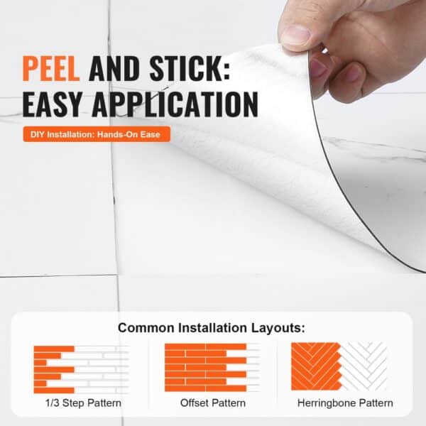 VEVOR self adhesive vinyl floor tiles, peel and stick design with easy diy installation layouts.