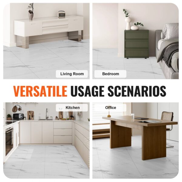 versatile usage scenarios for VEVOR self adhesive vinyl floor tiles in living room, bedroom, kitchen, office.