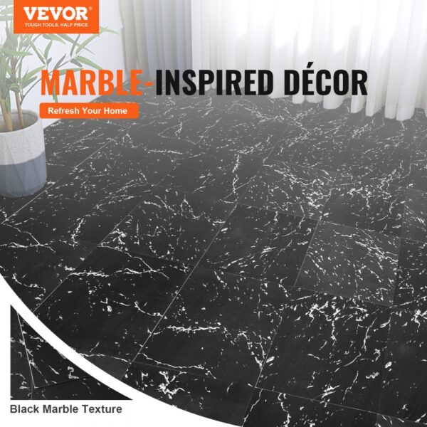 VEVOR self adhesive vinyl floor tiles in black marble texture, enhancing marble-inspired décor.