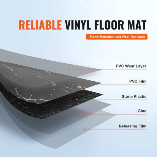 cross-section view of VEVOR self adhesive vinyl floor tiles layers labeled: pvc wear layer, pvc film, stone plastic, glue, releasing film.