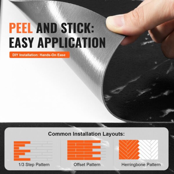 VEVOR self adhesive vinyl floor tiles being peeled back, with installation pattern options shown.