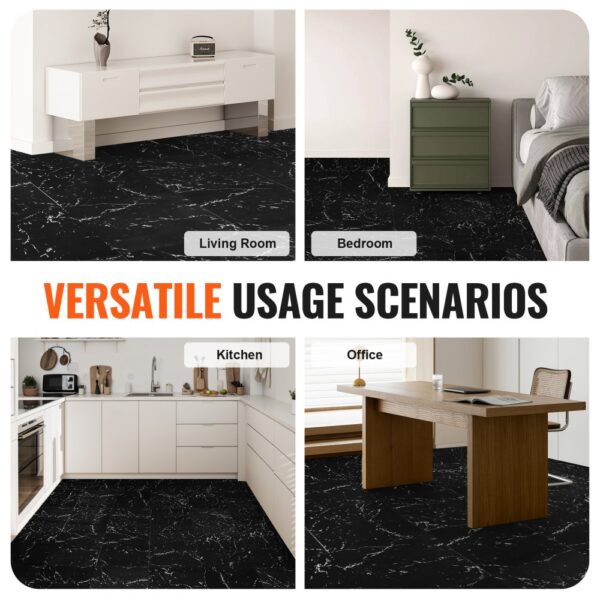 VEVOR self adhesive vinyl floor tiles in living room, bedroom, kitchen, and office settings. versatile usage.