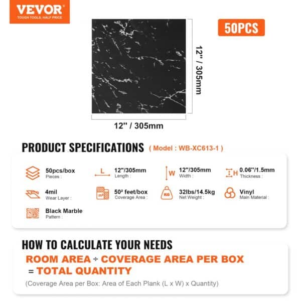 VEVOR self adhesive vinyl floor tiles, 12"x12", black marble, 50pcs, 4mil wear layer, 50 sq. ft. coverage.