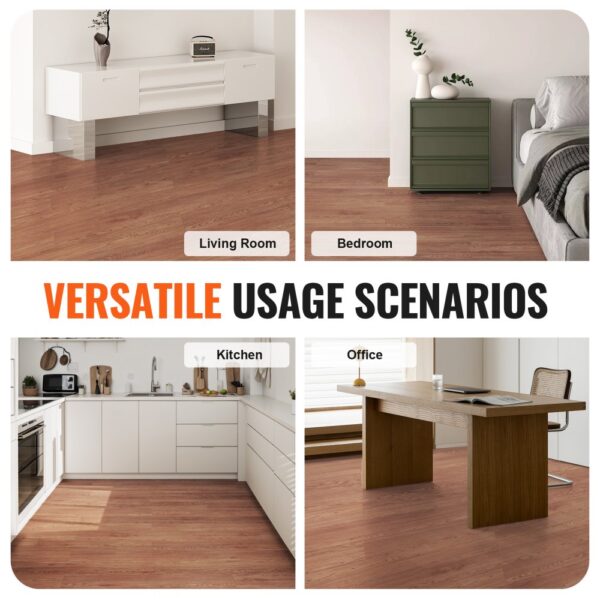 VEVOR vinyl floor tiles in living room, bedroom, kitchen, and office for versatile usage scenarios.