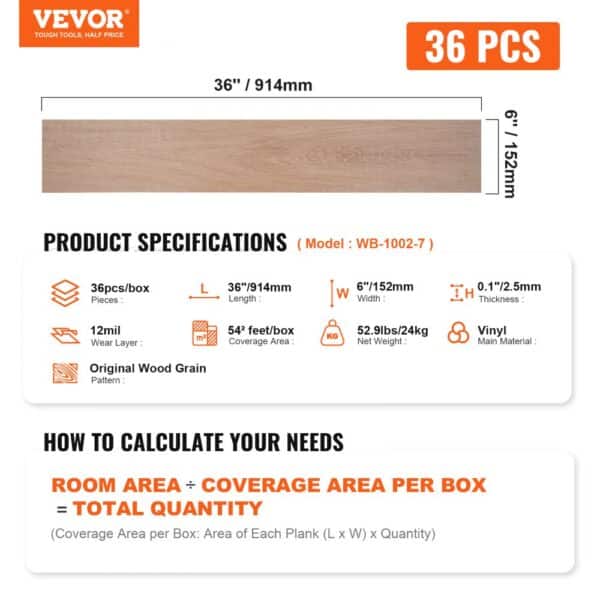 VEVOR self adhesive vinyl floor tiles, 36 pcs, wood grain, 36"x6"x0.1", 54 sqft coverage, 52.9 lbs/box.