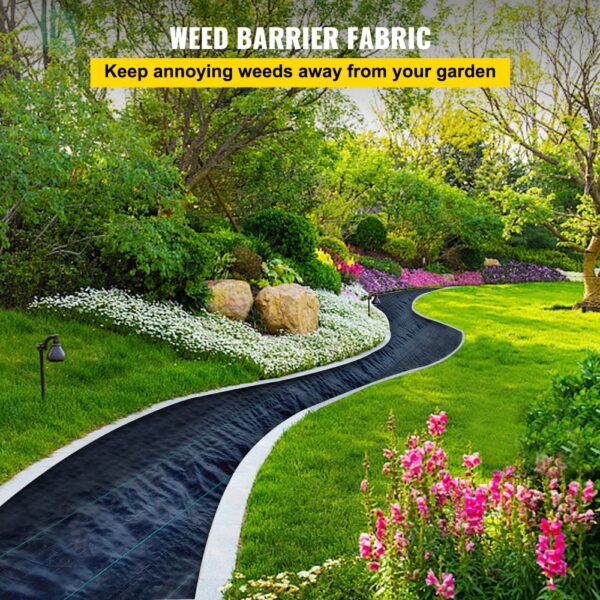 garden with VEVOR weed barrier fabric pathway, surrounded by lush greenery and flowers.