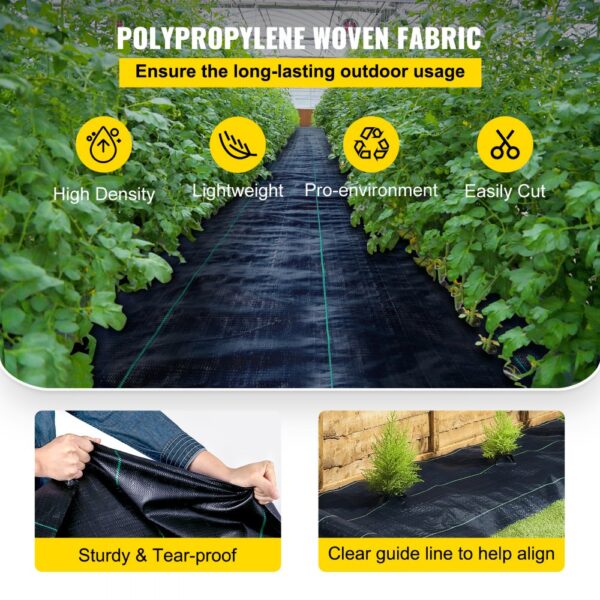 VEVOR weed barrier fabric in a garden with plants, showcasing its durability and ease of use.