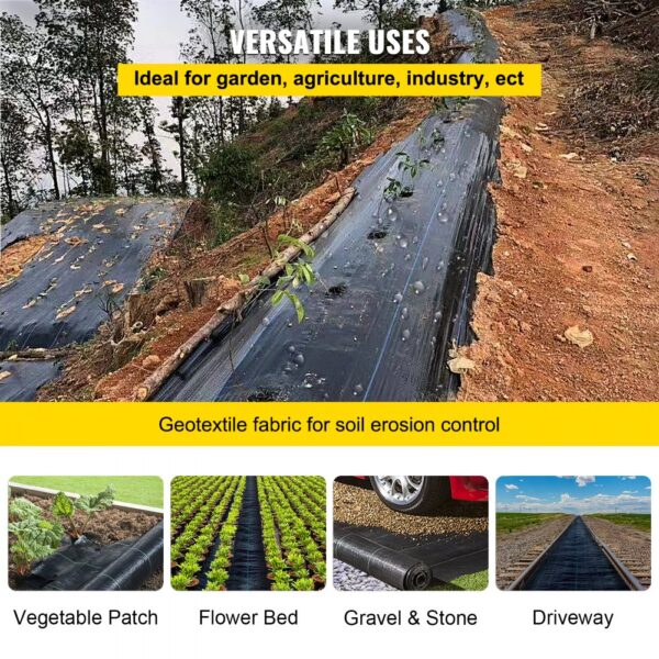 VEVOR weed barrier fabric for erosion control on slopes and various garden uses.