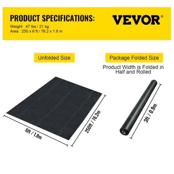 VEVOR weed barrier fabric product dimensions and packaging details displayed.