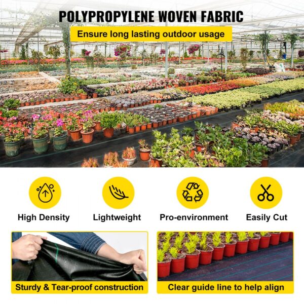 VEVOR weed barrier fabric in a greenhouse with plants, highlighting durability and ease of use.