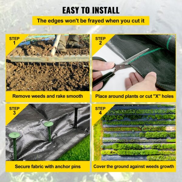 VEVOR weed barrier fabric installation steps: rake soil, cut fabric, secure, and cover ground.