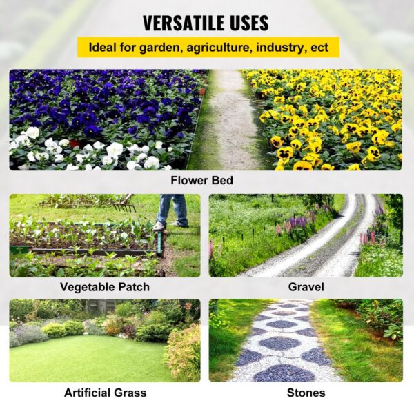 versatile uses of VEVOR weed barrier fabric: flower bed, vegetable patch, gravel, artificial grass, stones.