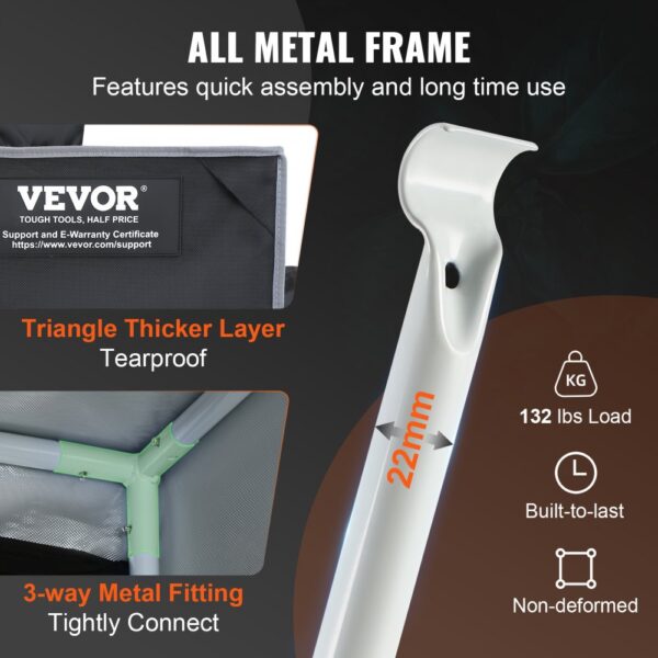 VEVOR grow tent with all-metal frame, 132 lbs load capacity, tearproof triangle layer, and 3-way metal fitting.