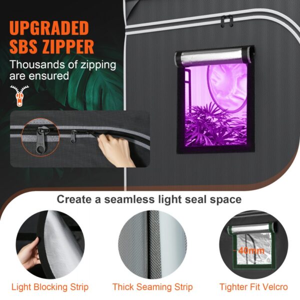 upgraded sbs zipper ensures light seal for VEVOR grow tent with thick seaming, velcro, and light blocking strip.