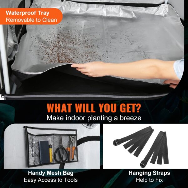 VEVOR grow tent with waterproof tray, handy mesh bag for tools, and hanging straps for easy indoor planting.