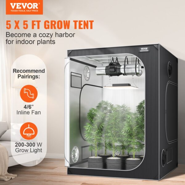 VEVOR grow tent 5 x 5 ft for indoor plants with inline fan and grow light recommendations.