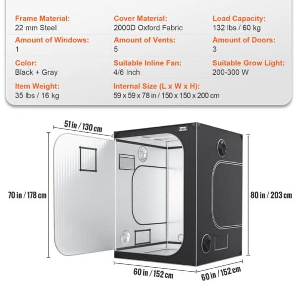 VEVOR grow tent with 2000d oxford fabric, steel frame, and multiple vents. dimensions: 60x60x80 inches.