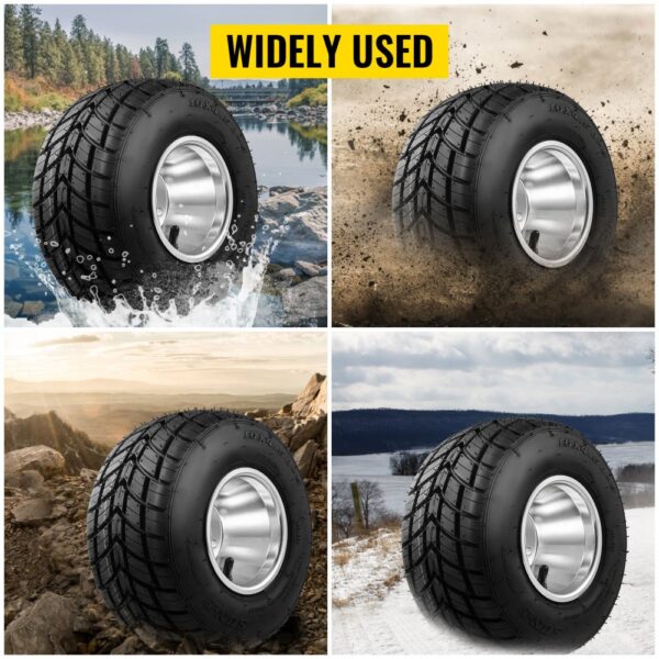 VEVOR go kart tires in water, mud, rocky terrain, and snow, showcasing durability.