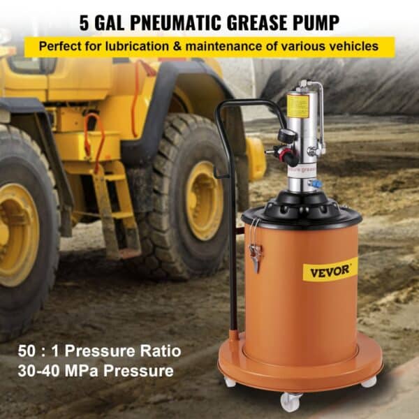 VEVOR grease pump in construction site, 5-gallon pneumatic unit, 50:1 pressure ratio.