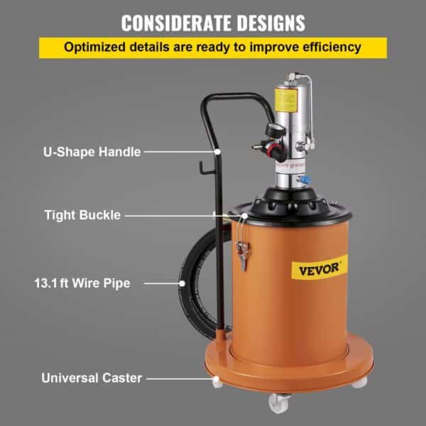 VEVOR grease pump with u-shaped handle, tight buckle, 13.1 ft wire pipe, and universal caster.