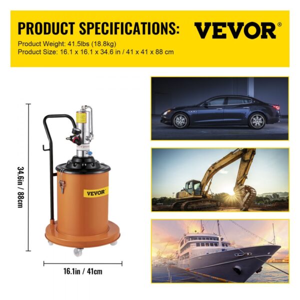 VEVOR grease pump with specifications displayed and images of vehicles and equipment.