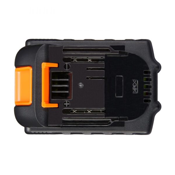 VEVOR 20v battery with orange release button and black housing, top view.